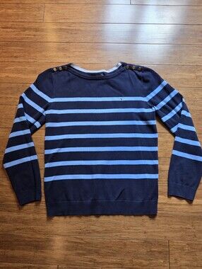 Tommy Hilfiger Blue Pima Cotton Stripe Sweater Nautical Button Shoulder Large